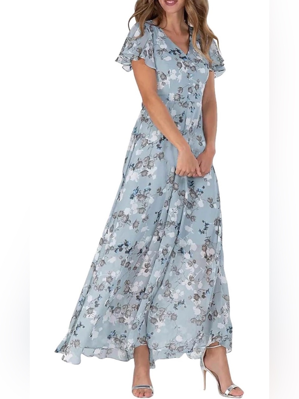 NEW Light Blue Floral Maxi Dress with Flutter Sleeves- size M, L, XL, XXL